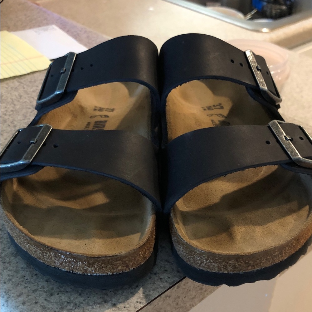 Birkenstock Arizona Black Leather Sandals with Silver Buckles